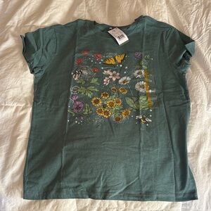 Green T-Shirt with Floral and Butterfly Print